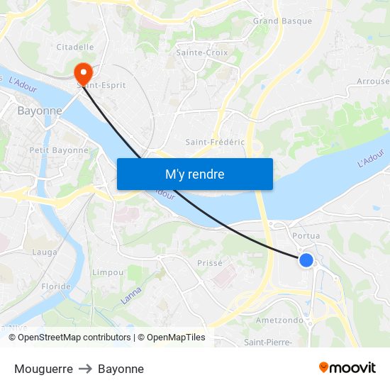 Mouguerre to Bayonne map
