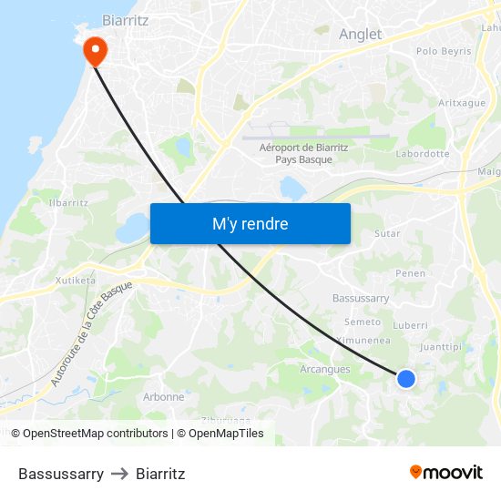 Bassussarry to Biarritz map