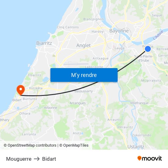 Mouguerre to Bidart map