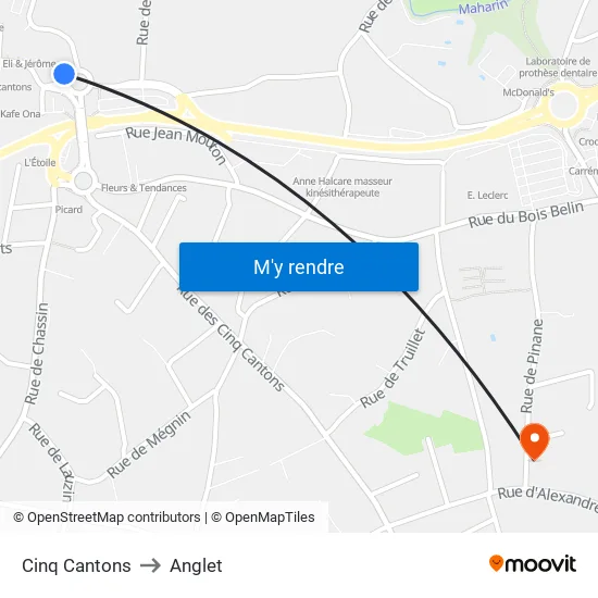 Cinq Cantons to Anglet map