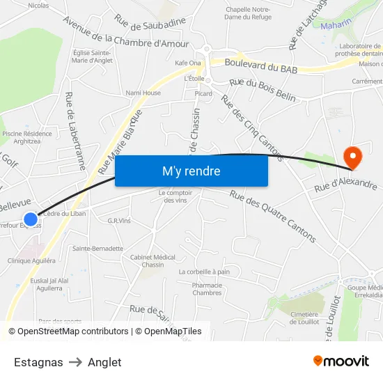 Estagnas to Anglet map