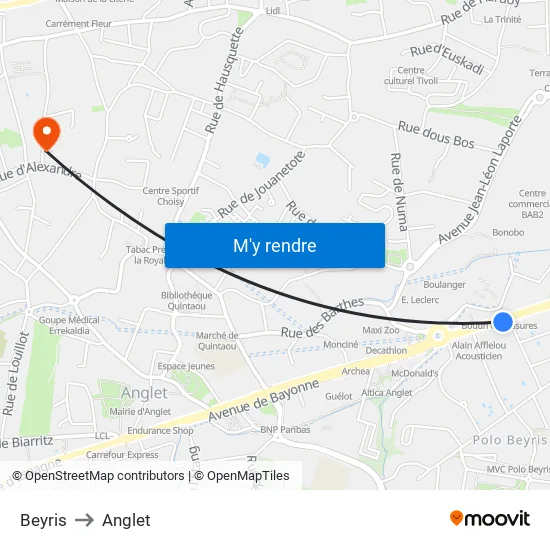 Beyris to Anglet map