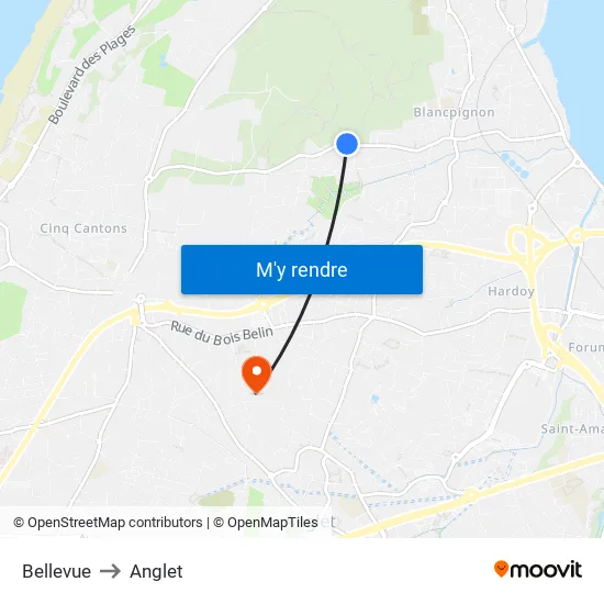 Bellevue to Anglet map