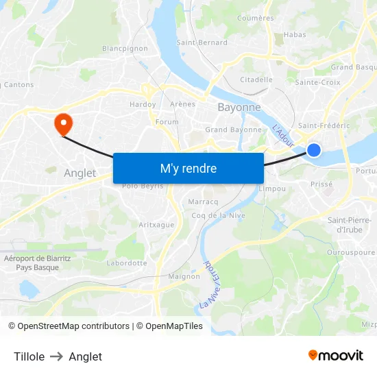 Tillole to Anglet map