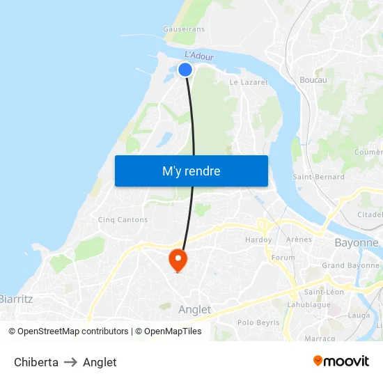 Chiberta to Anglet map