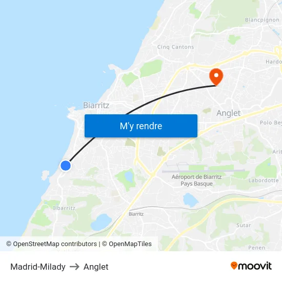 Madrid-Milady to Anglet map