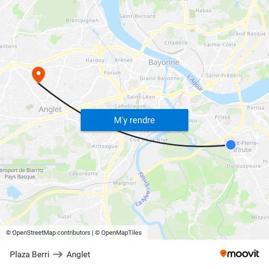 Plaza Berri to Anglet map