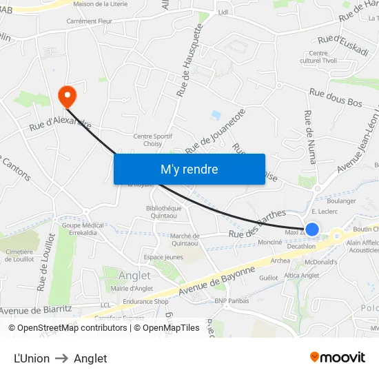 L'Union to Anglet map