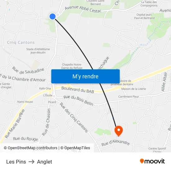 Les Pins to Anglet map