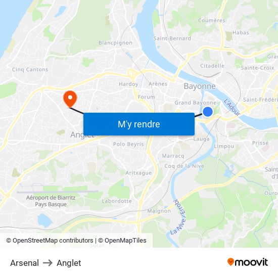 Arsenal to Anglet map