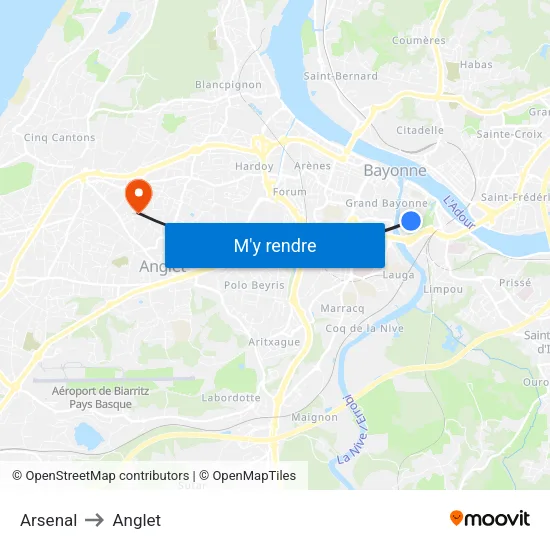Arsenal to Anglet map