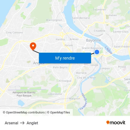 Arsenal to Anglet map