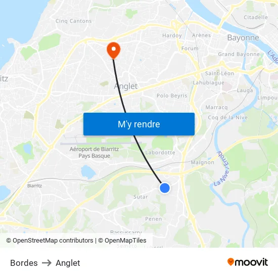Bordes to Anglet map