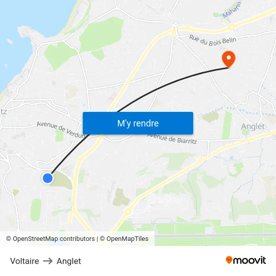 Voltaire to Anglet map