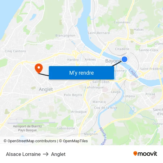 Alsace Lorraine to Anglet map