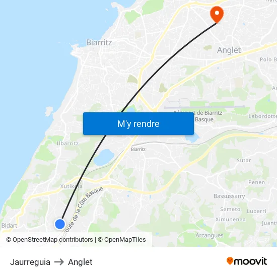 Jaurreguia to Anglet map