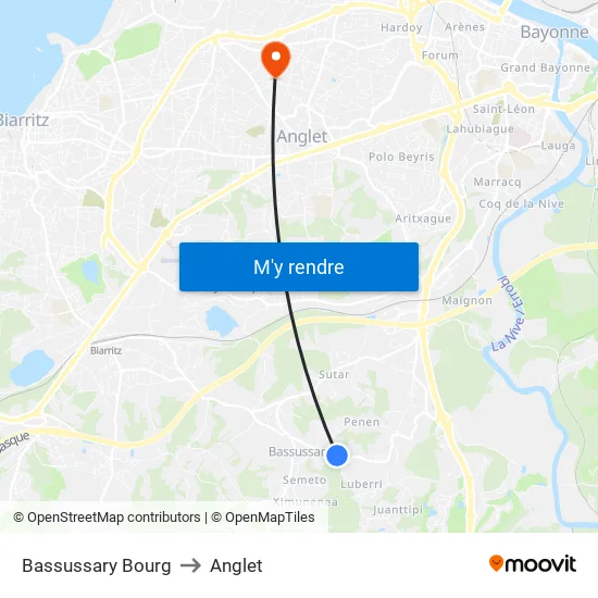 Bassussary Bourg to Anglet map