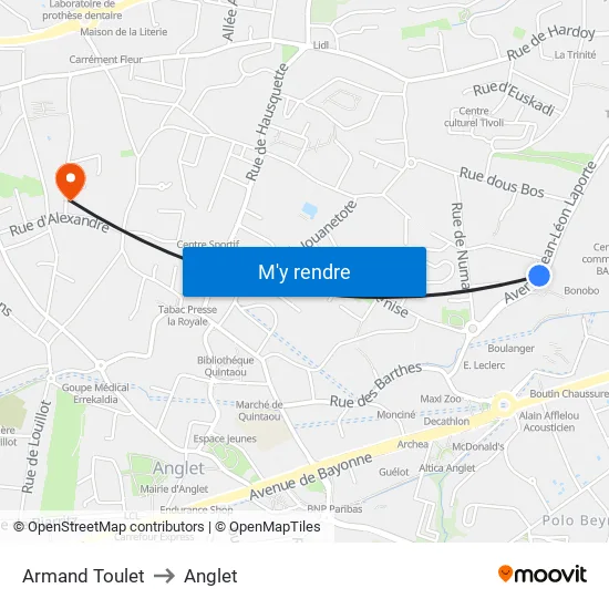 Armand Toulet to Anglet map