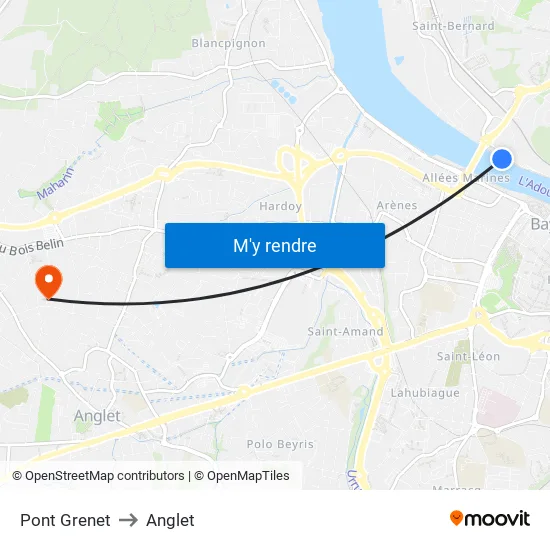 Pont Grenet to Anglet map