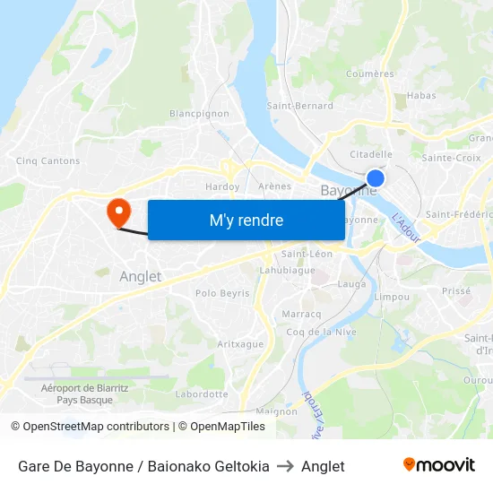 Gare De Bayonne / Baionako Geltokia to Anglet map