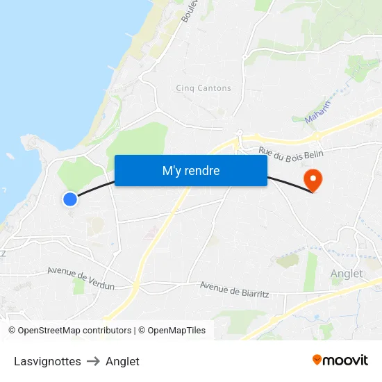 Lasvignottes to Anglet map