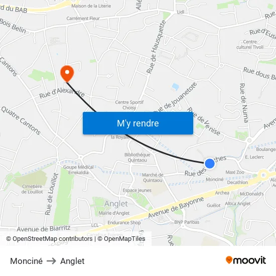 Monciné to Anglet map