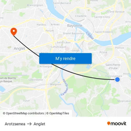 Arotzaenea to Anglet map