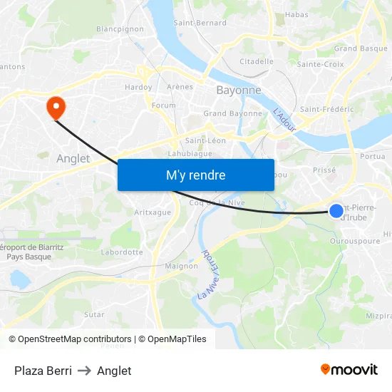 Plaza Berri to Anglet map