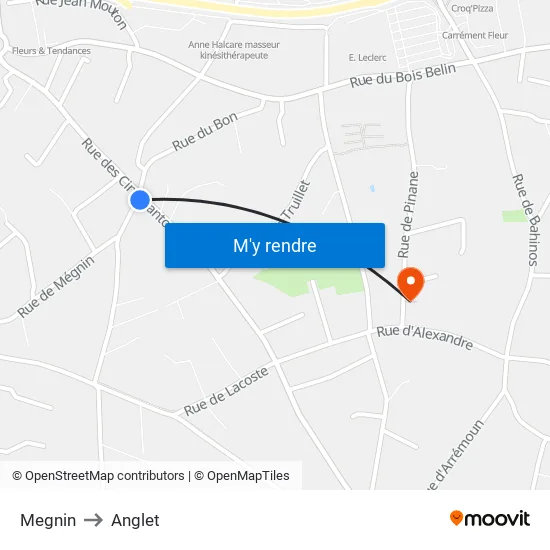 Megnin to Anglet map