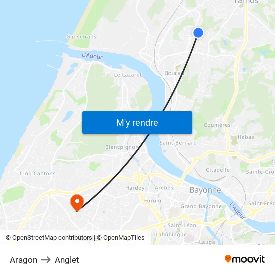 Aragon to Anglet map