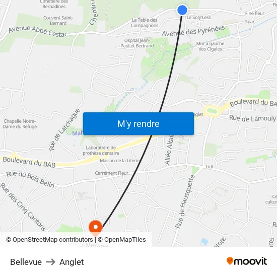 Bellevue to Anglet map