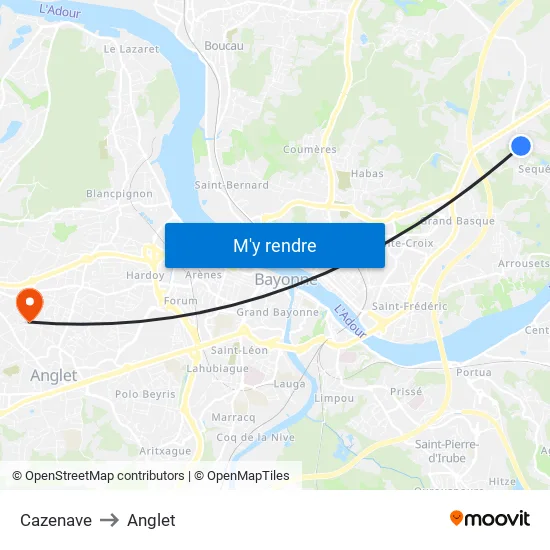 Cazenave to Anglet map