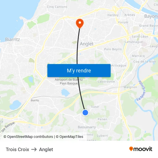 Trois Croix to Anglet map