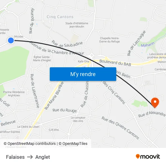 Falaises to Anglet map