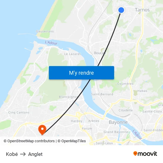 Kobé to Anglet map