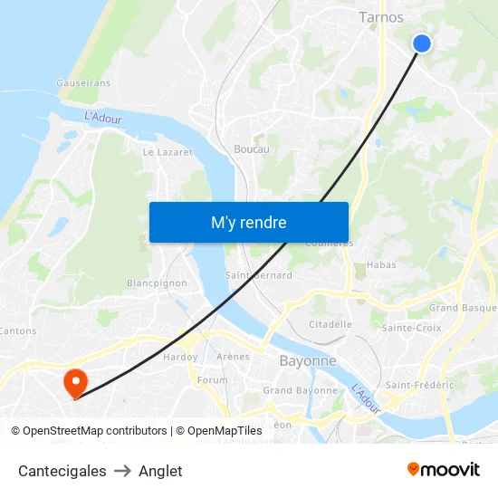 Cantecigales to Anglet map