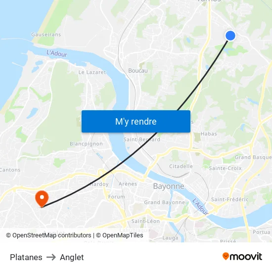 Platanes to Anglet map