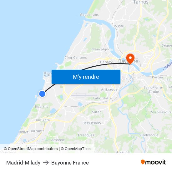 Madrid-Milady to Bayonne France map