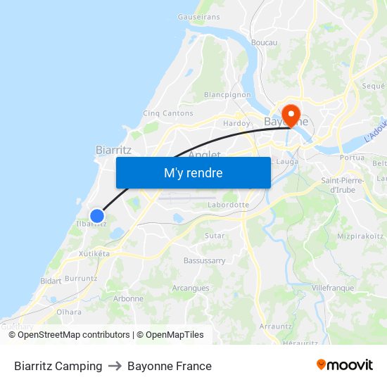 Biarritz Camping to Bayonne France map