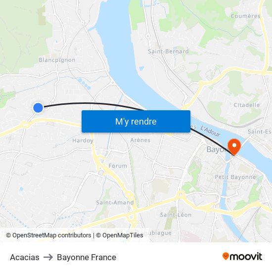 Acacias to Bayonne France map