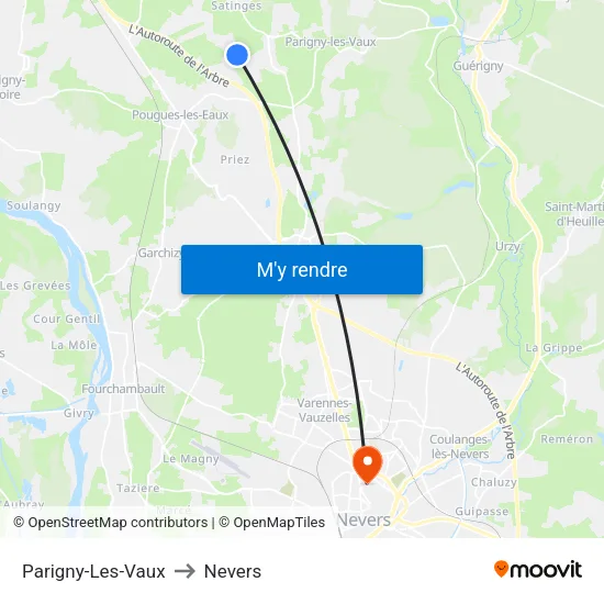 Parigny-Les-Vaux to Nevers map