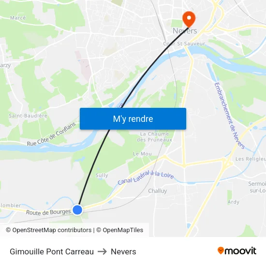 Gimouille Pont Carreau to Nevers map