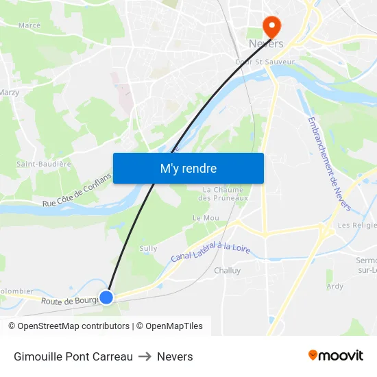 Gimouille Pont Carreau to Nevers map