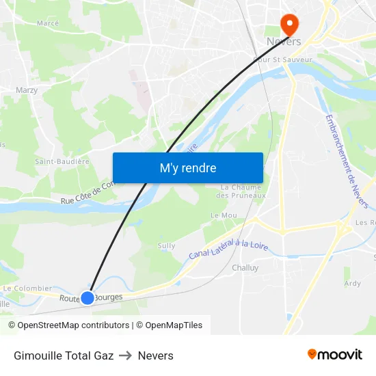 Gimouille Total Gaz to Nevers map