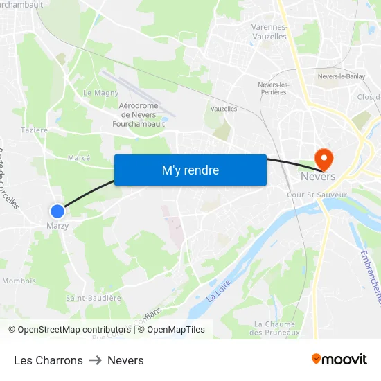 Les Charrons to Nevers map