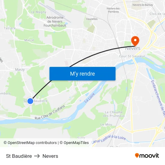 St Baudière to Nevers map