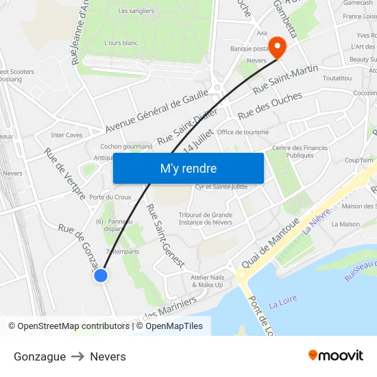 Gonzague to Nevers map