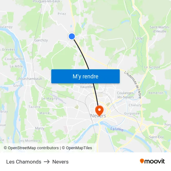 Les Chamonds to Nevers map