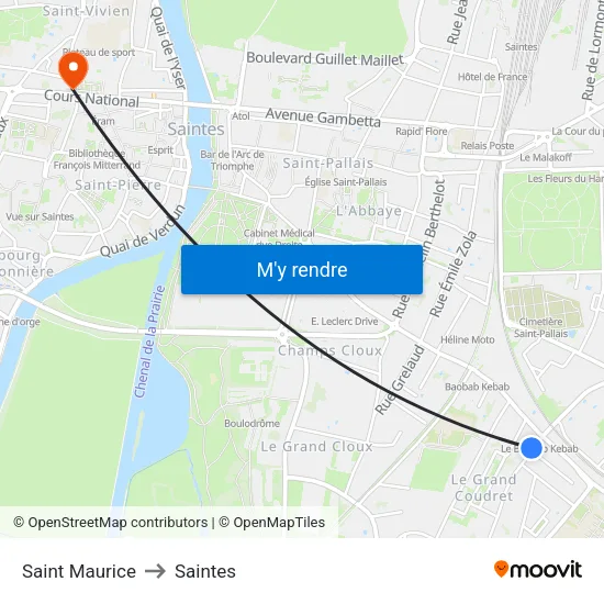 Saint Maurice to Saintes map