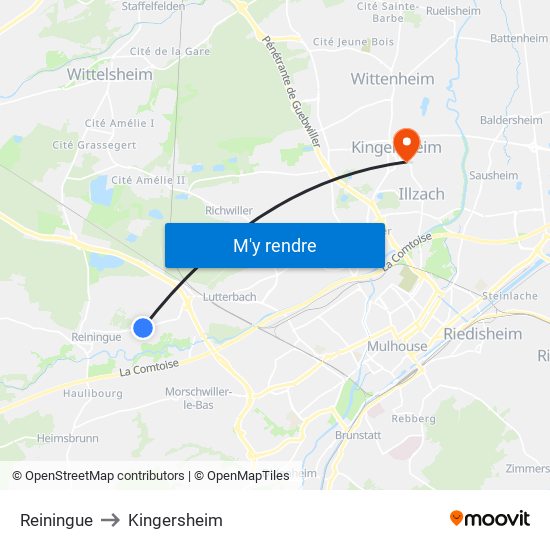 Reiningue to Kingersheim map